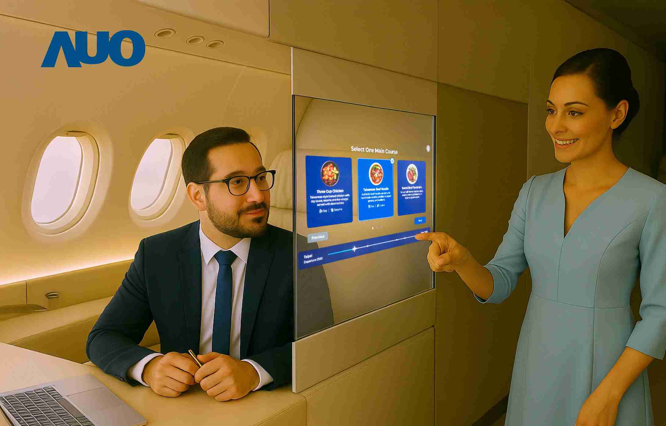 牛牛游戏研发全球最薄17.3 吋双面透明 Micro LED 显示器，，，可在同一屏幕之双边投射不同信息，，创造独特的”透明化”互动；图为实时翻译交流应用情境